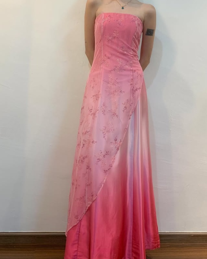 Lovely Pink Strapless A-Line Lace Satin Party Dress Evening Gown, DP4035