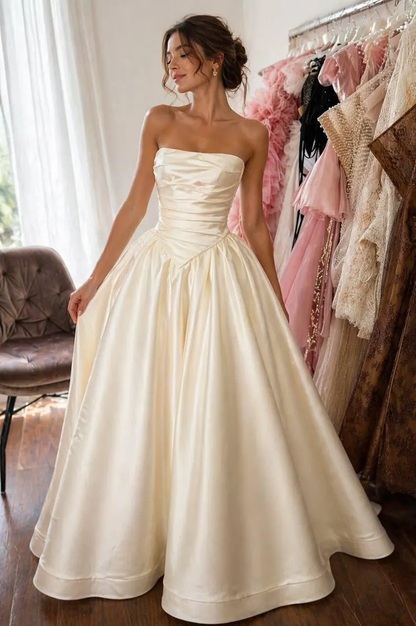 Vintage Ivory Strapless Ruched Bodice Satin A-Line Wedding Dress DP8386