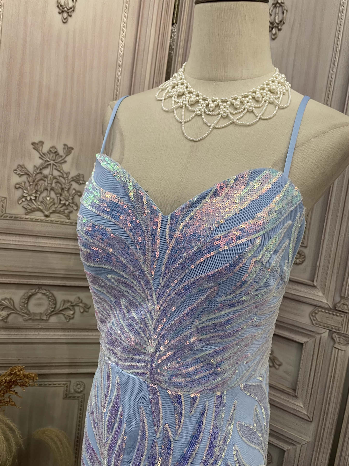 Elegant Sky Blue Iridescent Sequin Mermaid Prom Dress DP7968