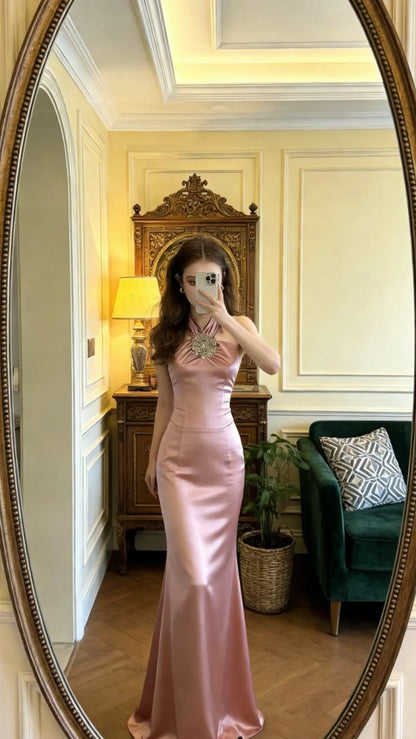 Elegant Pink Satin Halter-Neck Mermaid Beaded Prom Gown Evening Dress DP8176