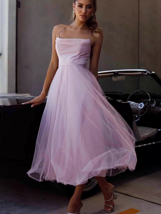 Elegant Pink Tulle Cowl Neck Spaghetti Strap Mid A-Line Evening Dress DP8154