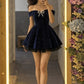 Elegant Navy Blue Velvet Off-the-Shoulder Rhinestone Bow A-Line Homecoming Dress DP8687