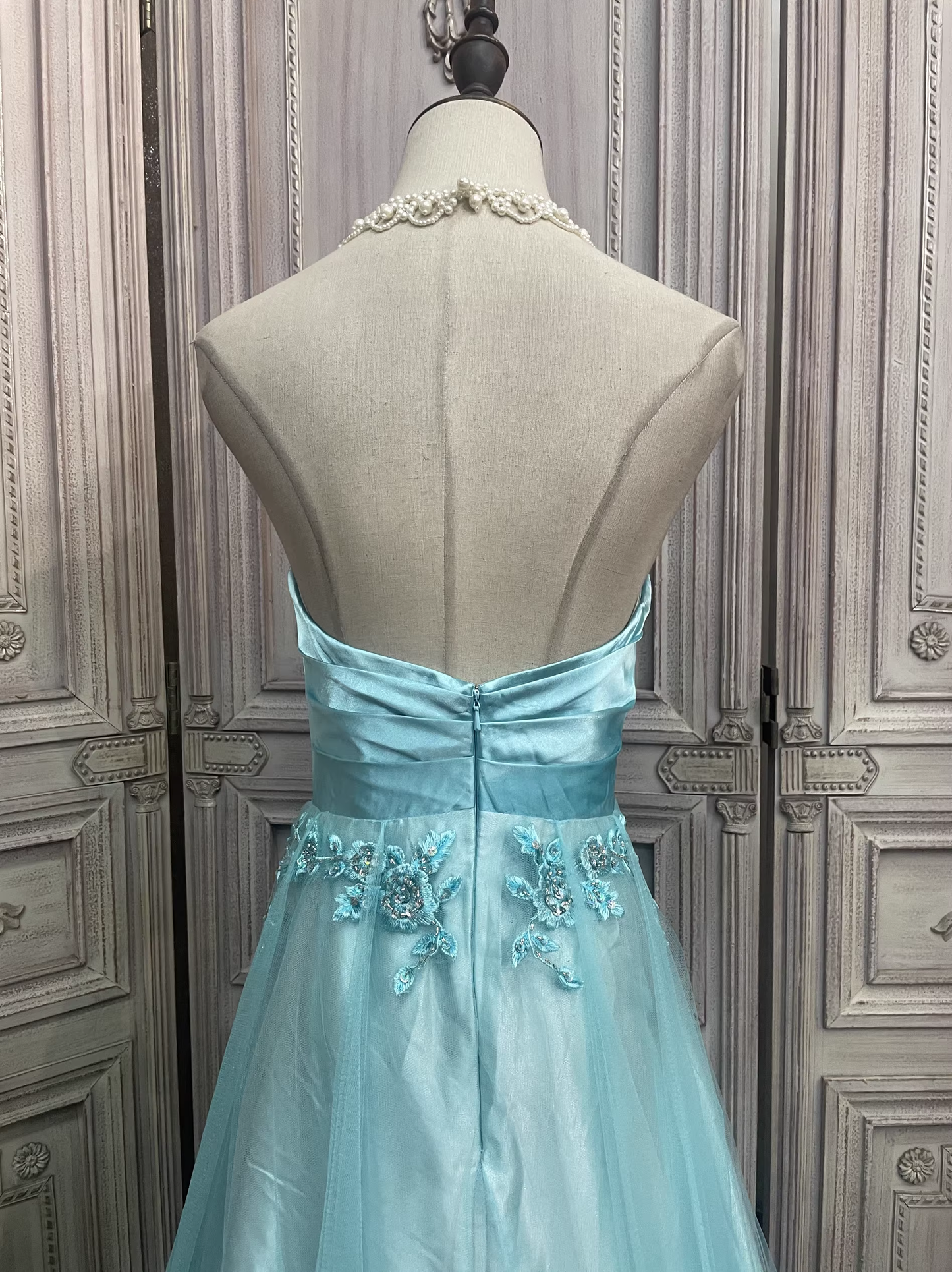Vintage hellblaues trägerloses A-Linien-Abendkleid mit 3D-Blumenstickerei, formelles Abendkleid/Ballkleid DP7595