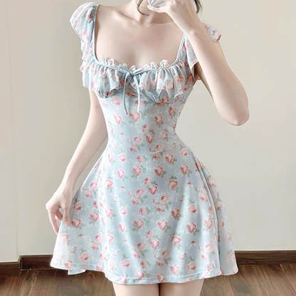 Cute Light Blue Floral Square-neck A-Line Short Summer Dresses Party Dress Homecoming Dress DP6343