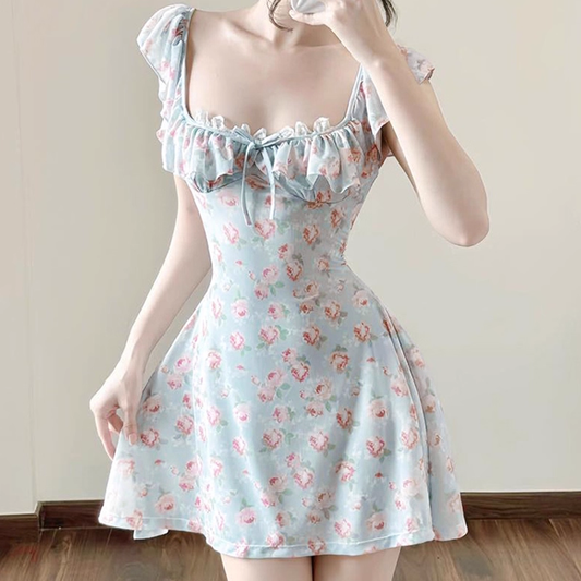 Cute Light Blue Floral Square-neck A-Line Short Summer Dresses Party Dress Homecoming Dress DP6343