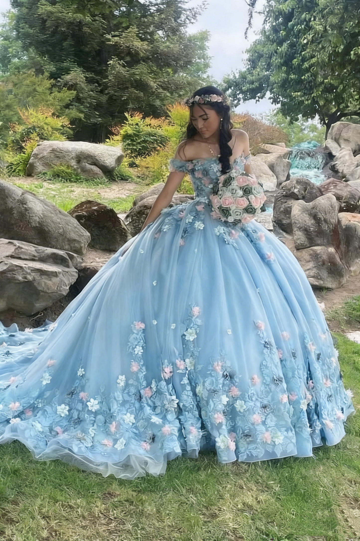 Elegant Sage Green Applique Off-the-Shoulder Sweet 16 Quinceanera A-Line Floor-length Prom Dress Birthday Dress Evening Dress Ball Gown DP6513