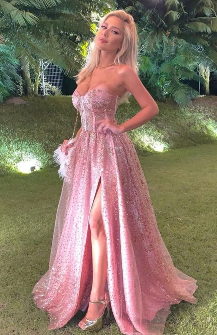 Glamorous Pink Sequin High Slit Strapless A-Line Evening Gown DP7925