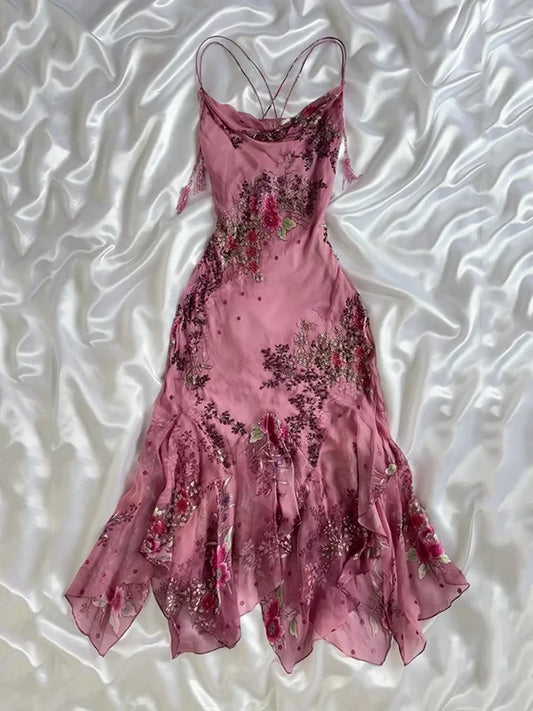 Vintage Rosa Blumenstickerei Ballkleid Rotes Meerjungfrau Abendkleid Satin Abendkleid DP6650