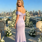 Elegant Lavender Off-the-Shoulder Satin Sheath Ruffle Slit Evening Gown Prom Dress DP8463