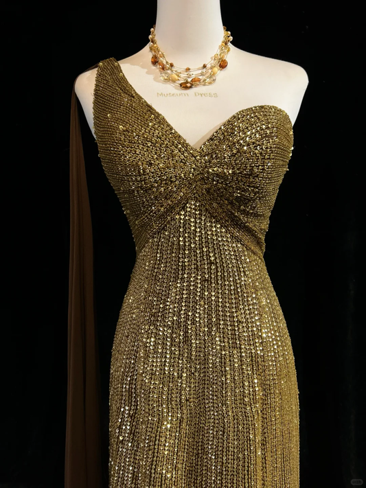 Robe de bal fourreau à sequins dorés, asymétrique, fendue jusqu'à la cuisse, DP7110