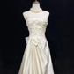 Vintage-Inspired Ivory Satin Strapless Lace Applique & Bow for Timeless Wedding Dress DP7283