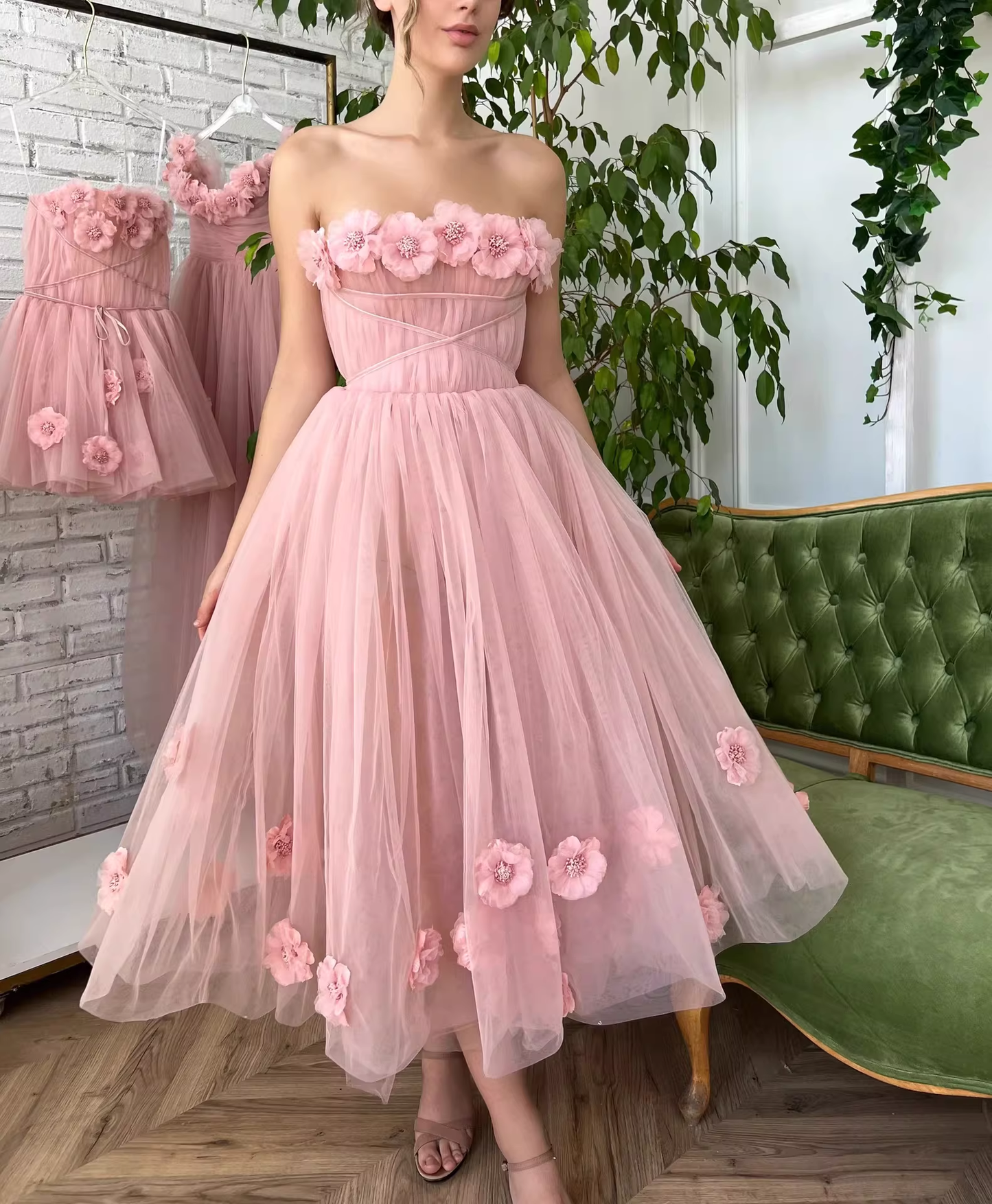 Glamorous Pink Strapless Tulle Midi Prom Dress 3D Floral Applique A-Line Formal Cocktail Gown DP8206
