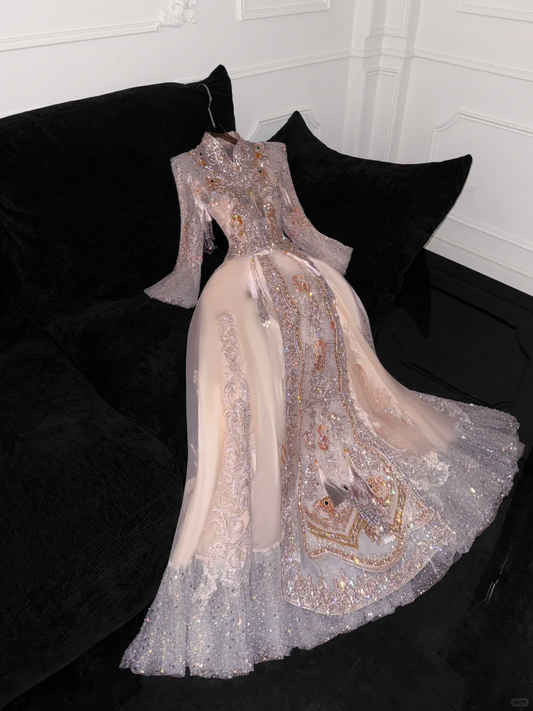 Gorgeous Sparkling Pink Beaded Sequin A-Line Romantic Chiffon Evening Dress Prom Dresses DP6166