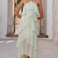 Vintage Halter-Neck Ruffle Tiered Chiffon High Low Maxi Formal Evening Dress DP8234