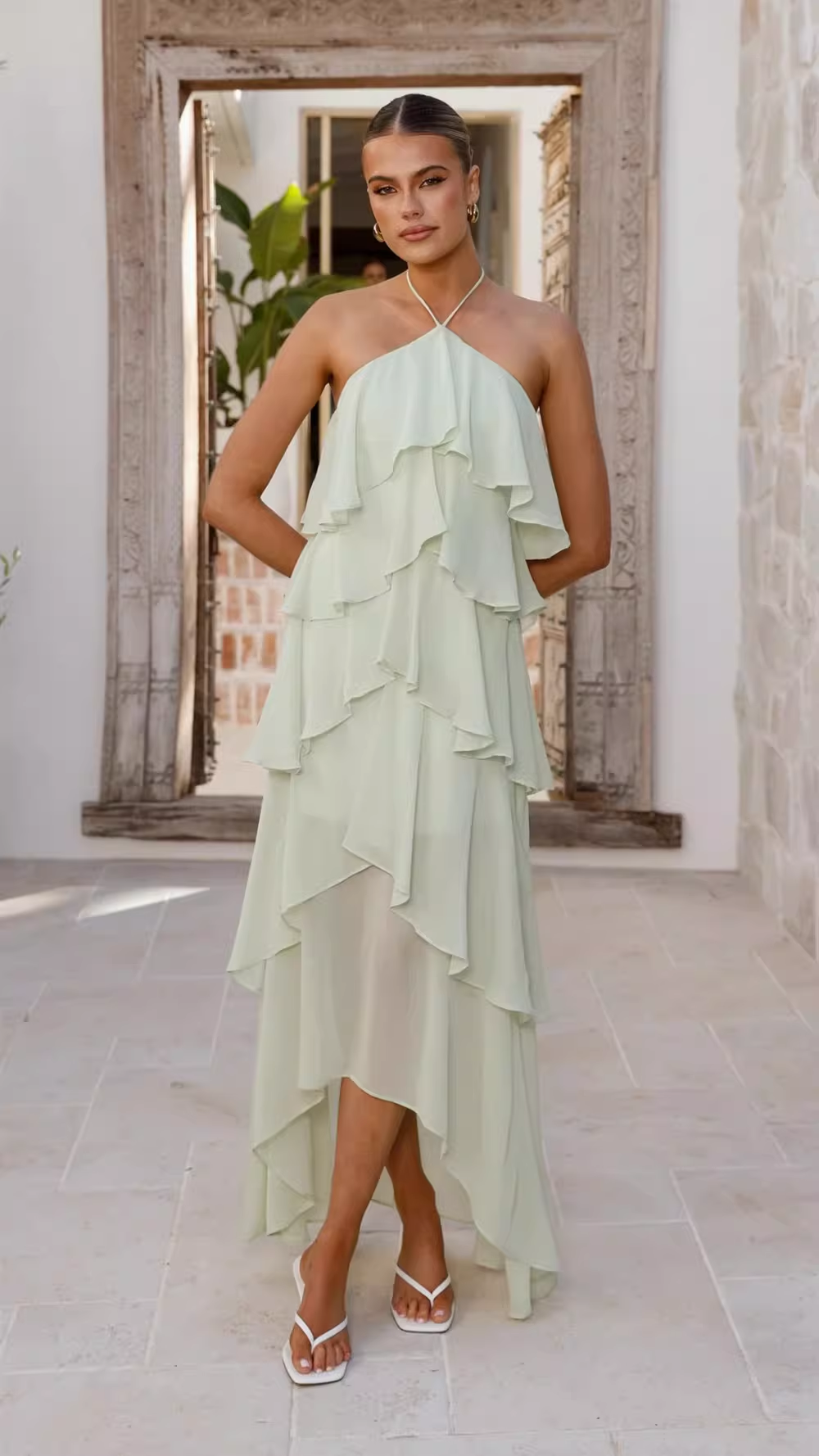 Vintage Halter-Neck Ruffle Tiered Chiffon High Low Maxi Formal Evening Dress DP8234