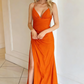 Elegant V-Neck Satin Mermaid Prom Dress with Slit Formal Evening Gown for Wedding Guest DP1290