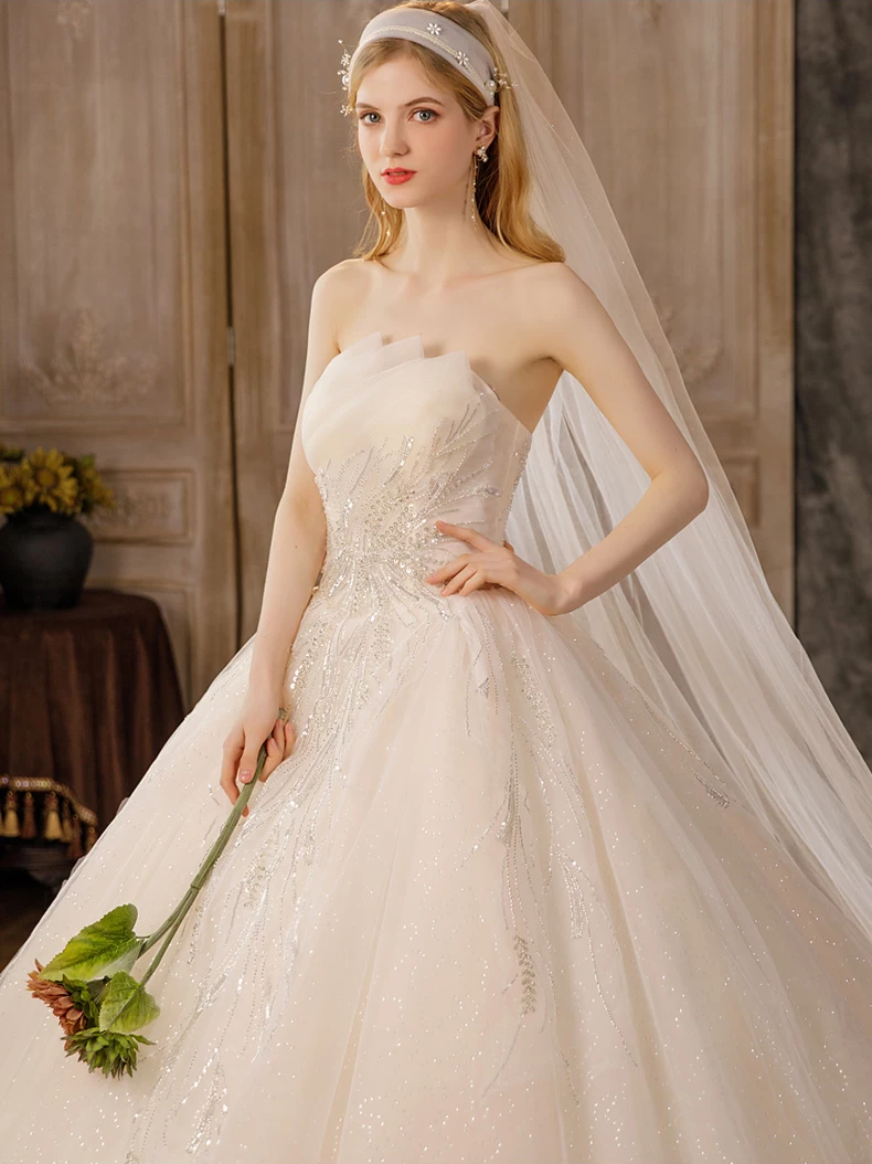 Romantic Strapless Pleated Sparkly Beaded Sequins Glitter Tulle A-Line Wedding Dress DP8848
