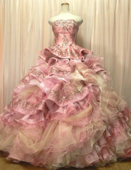 Glamorous Pink Tiered Tulle Strapless Sequin Beaded Sweet 16 Quinceanera Ball Gown DP7300