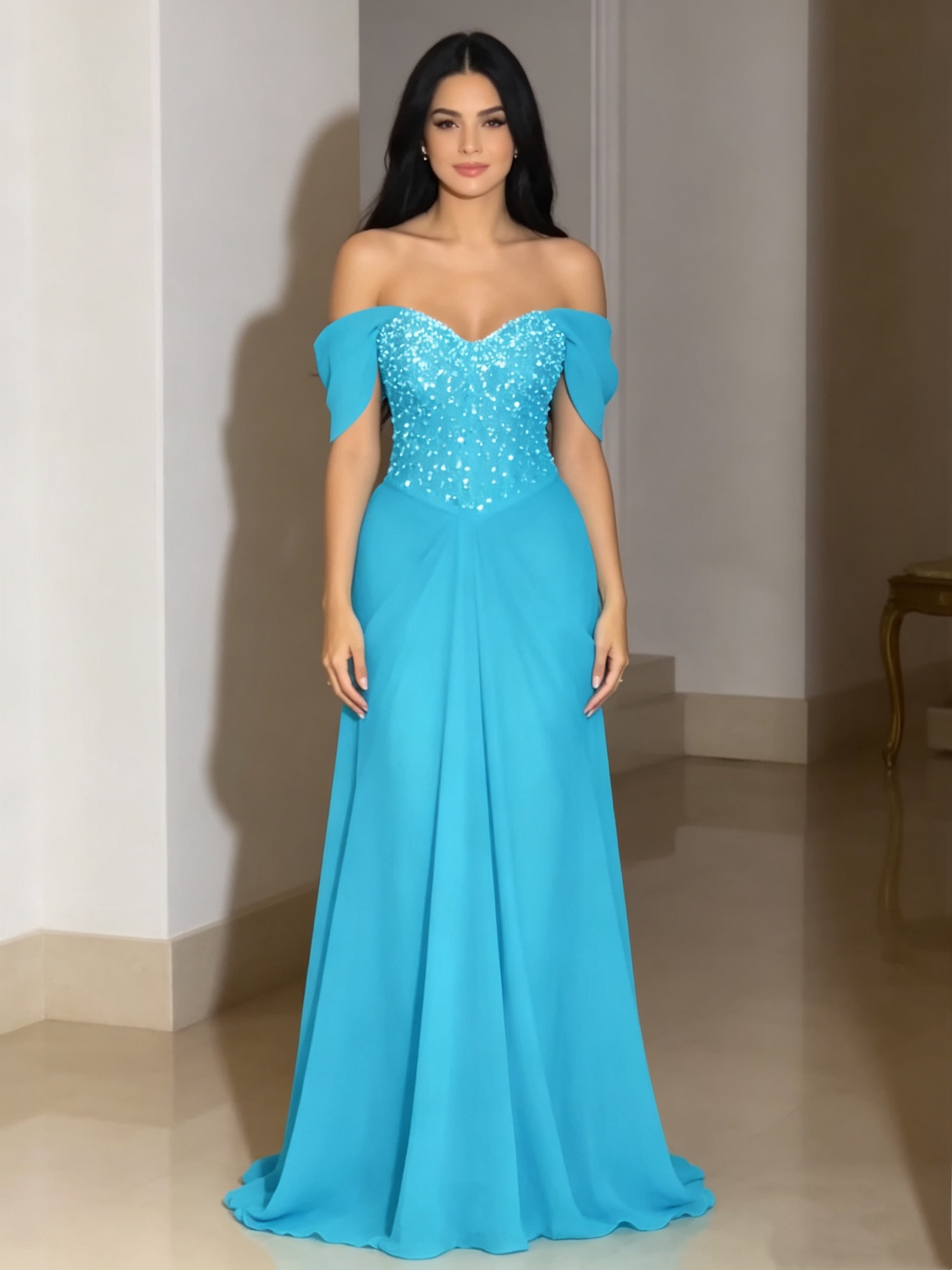 Elegant Turquoise Off-the-Shoulder Sparkly Sequin Chiffon Sweetheart Evening Gown DP8636
