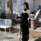 Vintage Glitzernde Pailletten Liebsten Spaghetti Strap Rüschen High Slit Ballkleid Abendkleid DP6407