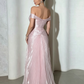 Glamorous Pink Off-the-Shoulder Mermaid Prom Dress Pleated Satin Formal Evening Gown DP8415