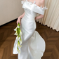 Gorgeous Off-the-Shoulder Satin Mermaid Wedding Dress 3D Floral Neckline Bridal Gown DP8315