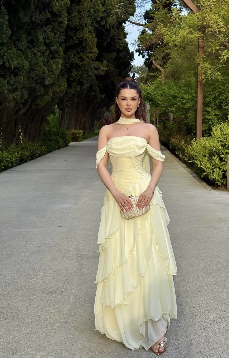 Elegant Yellow Off-the-Shoulder A-Line Chiffon Tiered Ruffle Floor Length Prom Dress DP8573