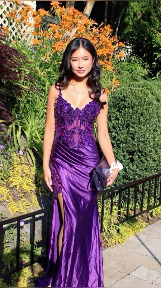 Glamorous Purple Satin Mermaid Prom Gown Beaded Lace Bodice & High Slit Evening Dress DP8043