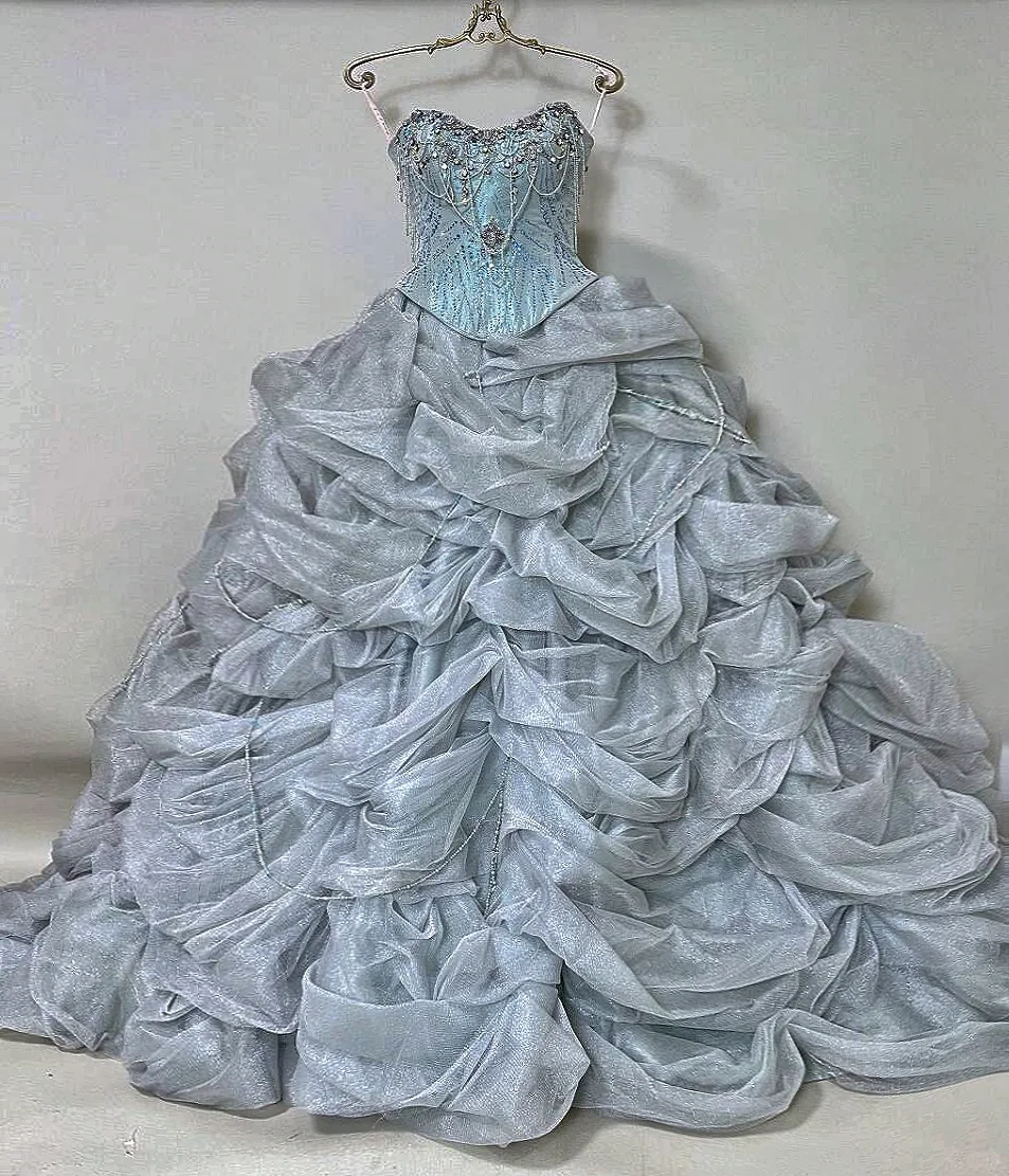 Vintage Eisblaues trägerloses, perlenbesetztes Rüschen-Glitzer-Tüll-Ballkleid für Sweet 15 Quinceañera DP7556