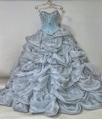Vintage Eisblaues trägerloses, perlenbesetztes Rüschen-Glitzer-Tüll-Ballkleid für Sweet 15 Quinceañera DP7556