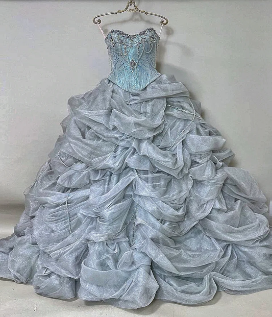 Vintage Eisblaues trägerloses, perlenbesetztes Rüschen-Glitzer-Tüll-Ballkleid für Sweet 15 Quinceañera DP7556