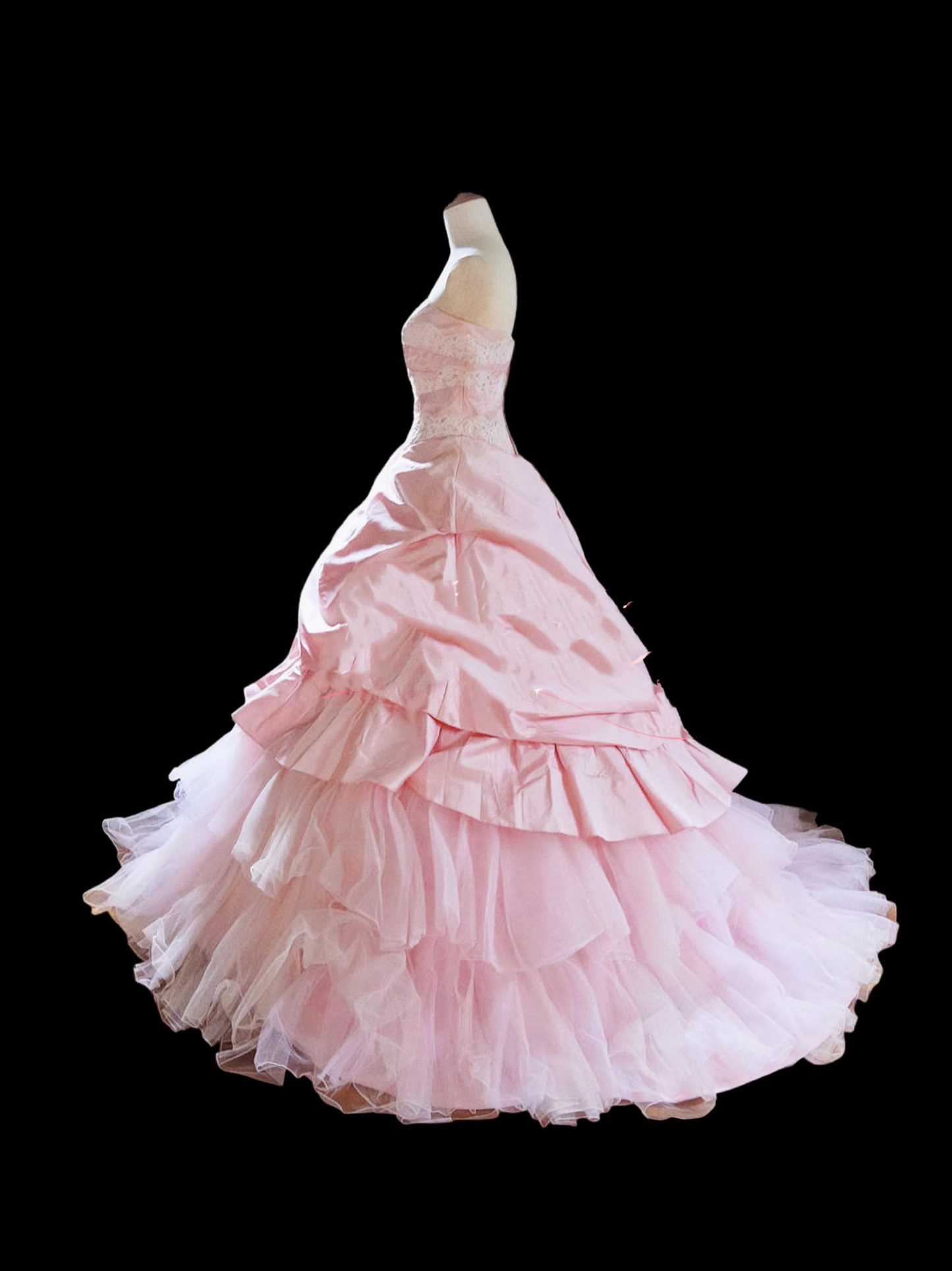 Elegantes, trägerloses, rosafarbenes Ballkleid mit Spitzenapplikationen, Satin- und Tüllbesatz für Sweet 15 Quinceañera DP7772