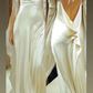 Elfenbeinfarbenes schulterfreies Maxikleid, rückenfreies langes Partykleid aus Satin, DP3605