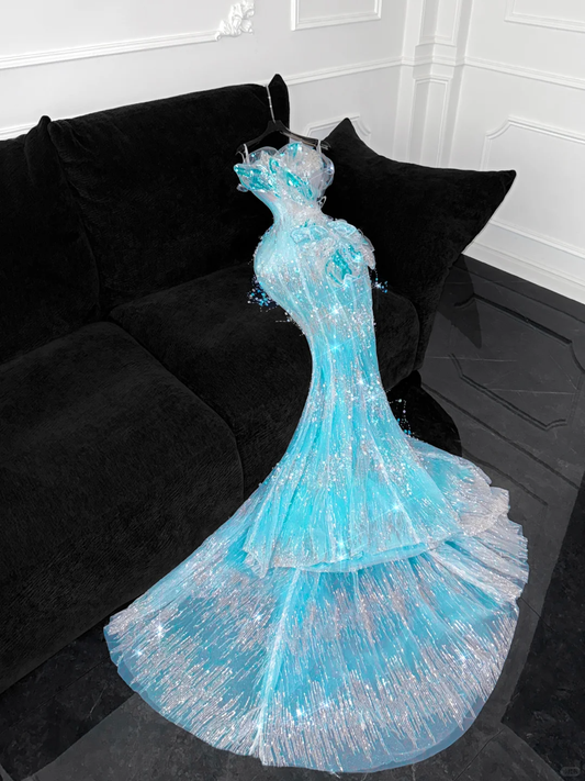 Gorgeous Sparkling Blue Beaded Sequin Mermaid Elegant Chiffon Tulle Evening Dress Prom Dresses DP6149