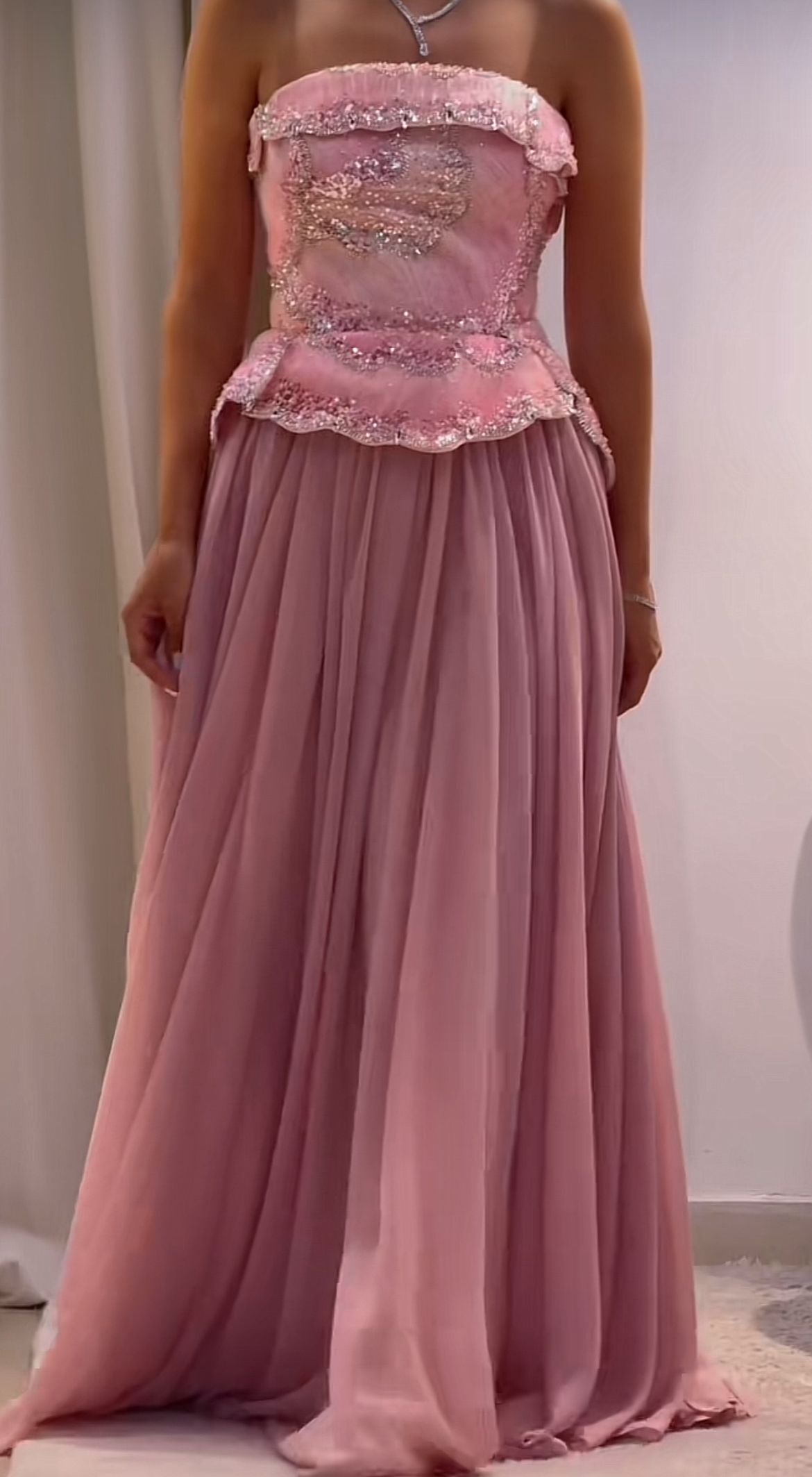 Vintage Pink Beaded Two-piece Prom Dress A-Line Evening Gown Strapless Party Dress Long Formal Dress DP6884