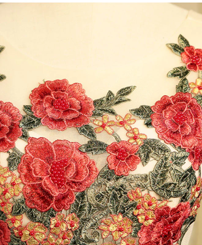 Vintage Red Floral Embroidery Design A-line Lace-up Satin Party Dress Homecoming Dress DP6070