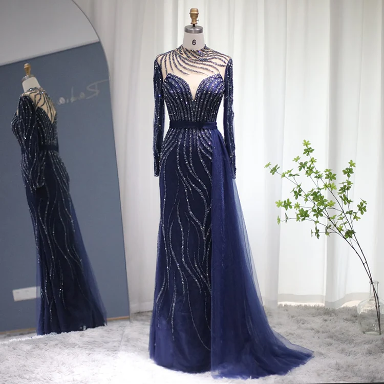 Stylish High Neck Navy Mermaid Evening Dress with Detachable Tulle Train Crystals Beads Long Prom Dress,F04833