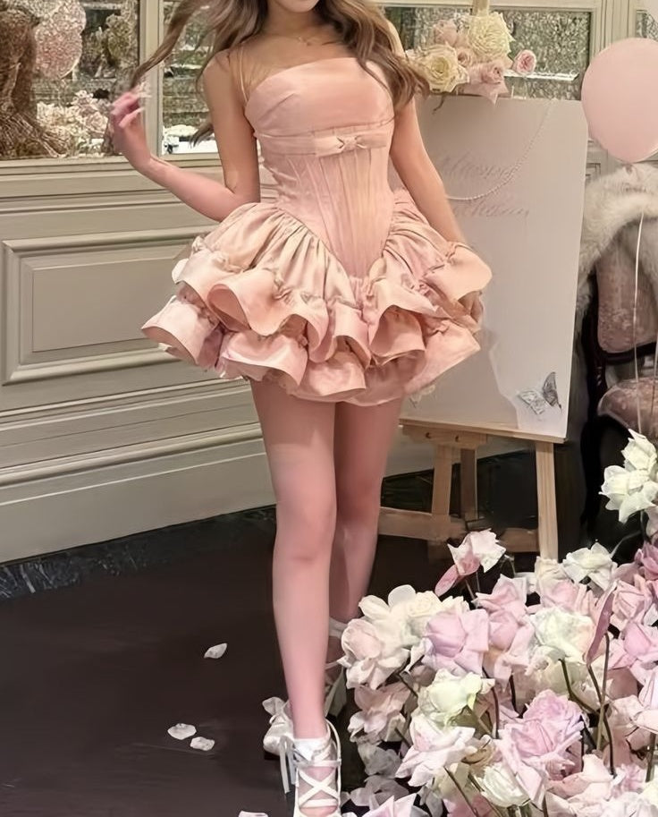 Cute Pink Tiered Ruffle A-Line Halter-Neck Homecoming Dress DP8503