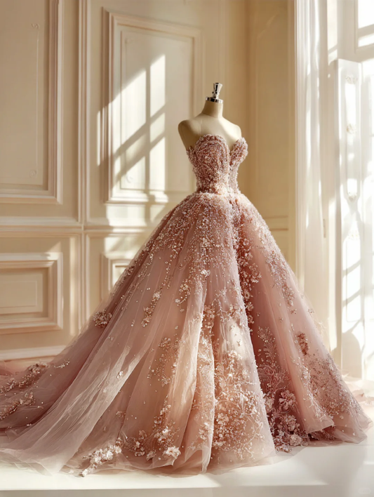 Elegantes, trägerloses, rosafarbenes Ballkleid mit Herzausschnitt, Perlenbesatz und floralen Applikationen aus Tüll für Sweet 15 Quinceañera DP7387