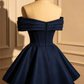 Vintage Navy Blue Off-the-Shoulder Glitter A-Line Homecoming Dress DP8536