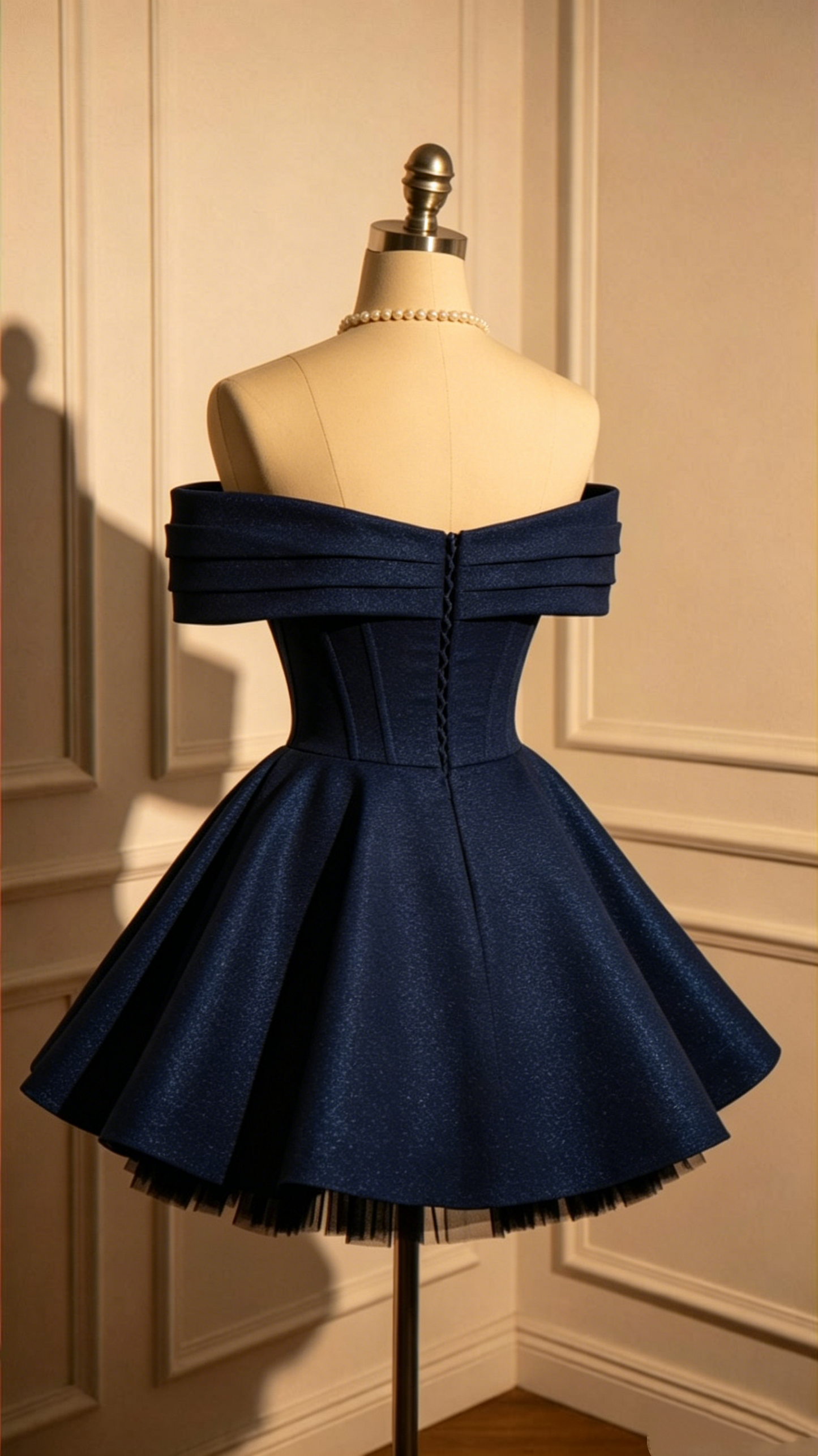Vintage Navy Blue Off-the-Shoulder Glitter A-Line Homecoming Dress DP8536