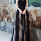 Elegant Black Ombre Tulle Spaghetti Straps Lace Appliques A‑Line Long Evening Gown DP8825