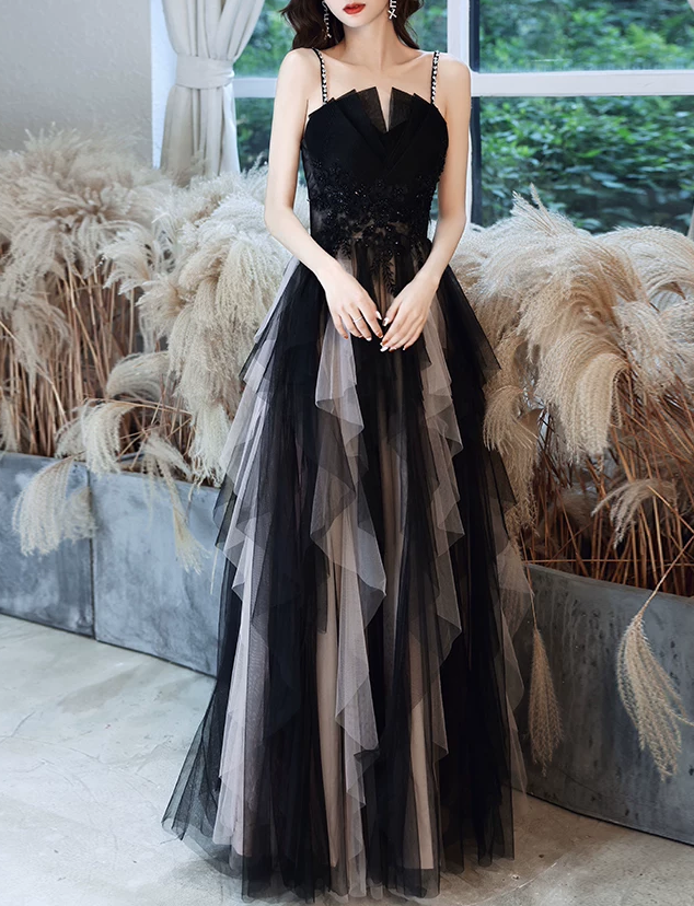 Elegant Black Ombre Tulle Spaghetti Straps Lace Appliques A‑Line Long Evening Gown DP8825
