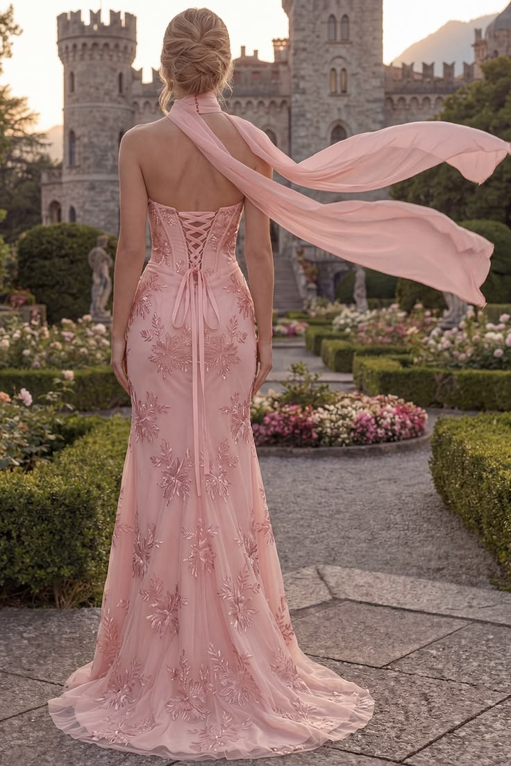 Dreamy Floral Embroidered Strapless Sweetheart Mermaid Evening Gown with Flowing Scarf DP8160