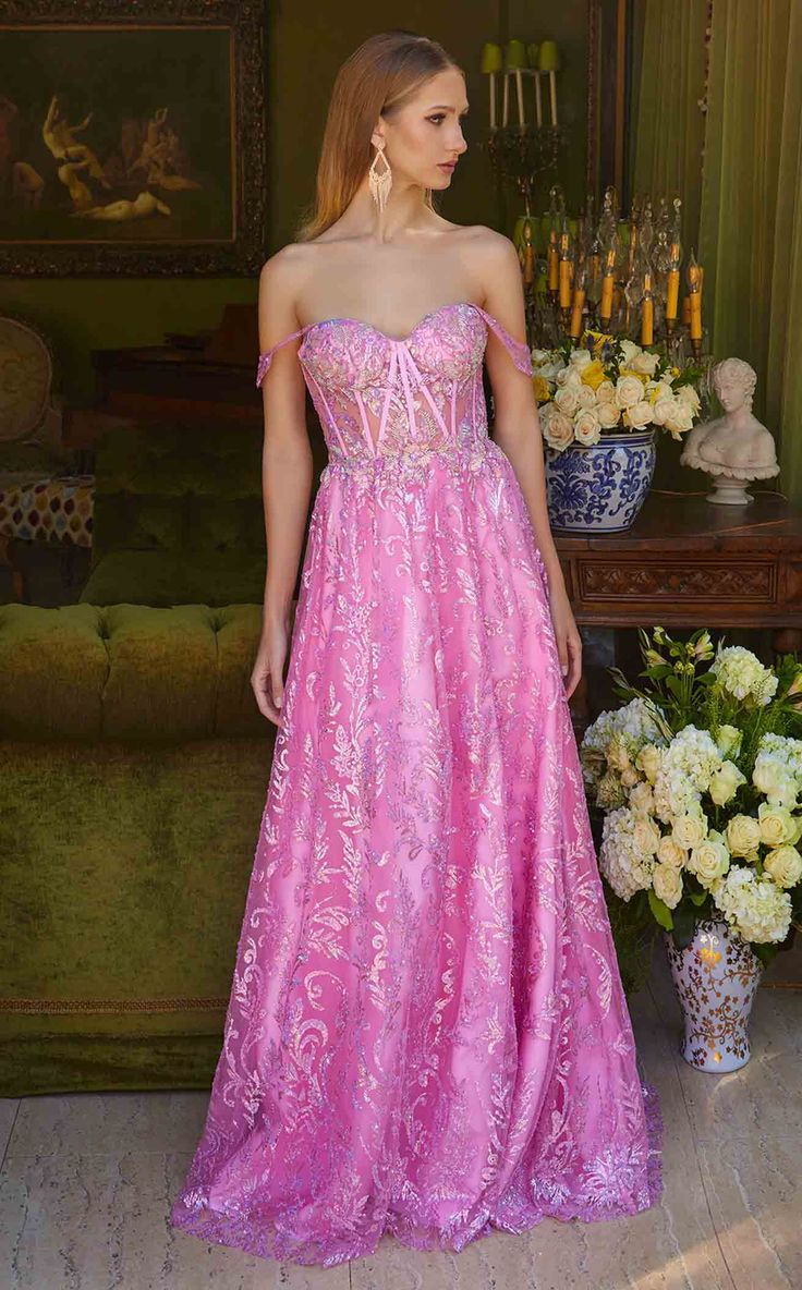 Elegant Pink Off-the-Shoulder Sweetheart Prom Dress Lace Embroidered A-Line Evening Gown DP8189