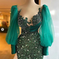 hunter green evening dresses long sleeve modest elegant sparkly mermaid luxury formal party dresses women evening gown,DS4955