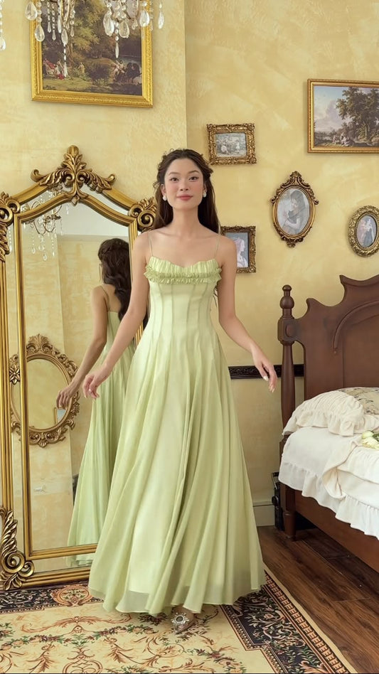 Vintage Sage Green Spaghetti Strap A-Line Evening Gown DP8272