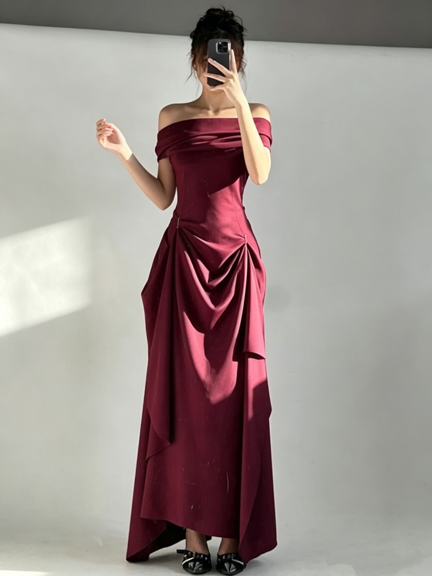 Elegant Burgundy Strapless A-Line Long Prom Dresses DP5545