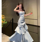 Vintage Blue Sweetheart Spaghetti Strap Mermaid Ruffled Hem Design Sexy Prom Dress Evening Dress DP6265