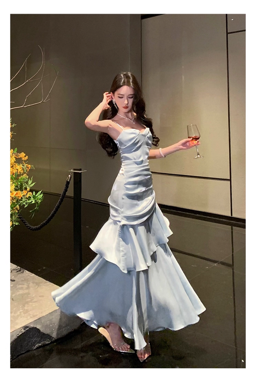 Vintage Blue Sweetheart Spaghetti Strap Mermaid Ruffled Hem Design Sexy Prom Dress Evening Dress DP6265